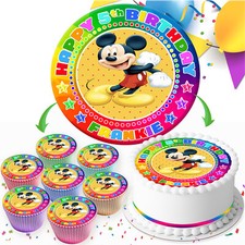 MICKEY MOUSE BIRTHDAY PERSONALISED EDIBLE CAKE TOPPER & CUPCAKE TOPPERS IV242
