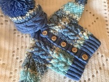 Handknitted Aran Cardigan & Hat For Newborn Baby In Shades Of Denim Blue. Unisex