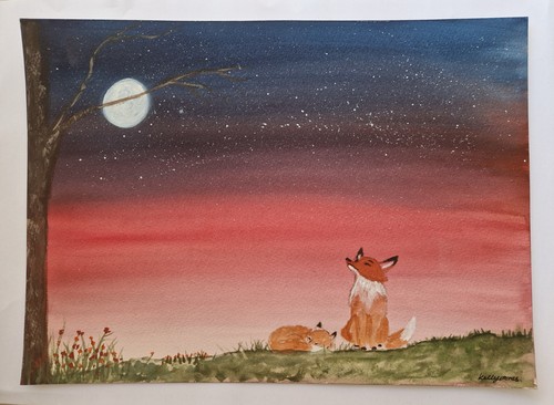Fox and cub watercolour - fox,
