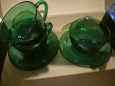 Lovely Vintage Retro Set of 3 Glass Green Tea Cups And Saucers