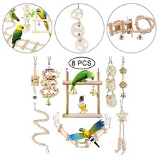 8Pcs Bird Wooden Swing Bell Cage Chew Toy for Parrot Cockatiel Finche Budgie