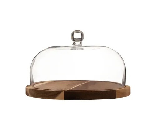 Glass cheese dome with - cheese, wooden