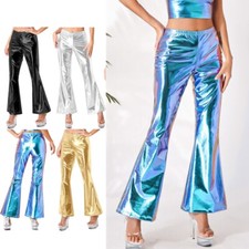 Womens Shiny Metallic Disco Pants Elastic Waistband Bell Bottom Flared Trousers