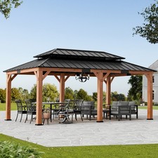 12'x20' Cedar Wood Gazebo Wooden Hardtop Gazebos W/ Dual Metal Roof for Backyard