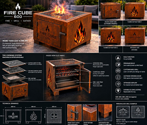 Fire cube 600 corten - corten, steel