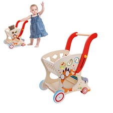 Wooden Baby Push Walker Doll Stroller Adjustable Speed Shopping Cart for Toddler