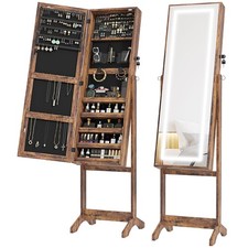 HOMCOM Mirrored Jewellery Cabinet W/ LED Light Lockable Jewellery Rustic Brown