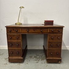 Antique Mahogany Pedestal Desk – 9 Drawers, Turned Handles & Classic Patina