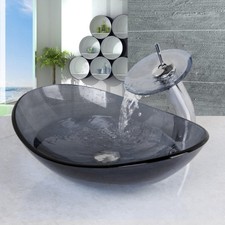 Oval Tempered Glass Vessel Wash Sink Basin Bowl Mixer Waterfall Faucet Brass Tap