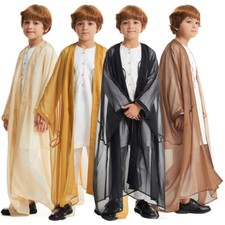 Saudi Kids Boys Dishdasha Open Kaftan Robe Dubai Muslim Arab Islamic Clothing