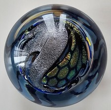 Rollin Karg Art Glass Handblown Paperweight Iridescent 4" Wide Signed Blue