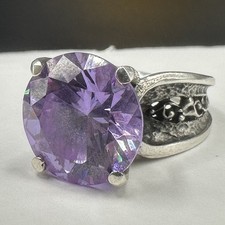 Sterling Amethyst CZ Ring Huge Round Size 5.75 VTG Silver 925 Handcrafted Israel