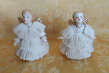 Pair of Irish Dresden Porcelain White Lace Boy & Girl Angel Figurines Gold Gilt
