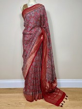 Red Ajrakh Pure Dola Silk Tasseled Zari border Designer Wedding Party Saree