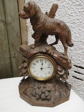 Antique Large 14" Black Forest Swiss Carved Wooden Dog  Clock