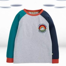 Ex Frugi Boy's Long Sleeve Jax Applique T-Shirt in Grey Marl/Rainbow
