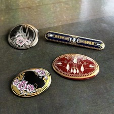 MICHAELA FREY x 4 Enamel Brooches Pins Gold Trim Art Deco Nouveau Signed Lot