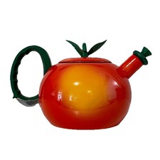 Vintage Enamel & Metal RED APPLE Tea Pot Hot Water Kettle w/ Stopper