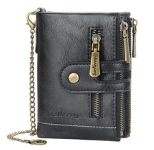 Mens Bifold Genuine Leather Biker Chain Wallet Black Rfid Blocking Card Holder !