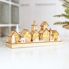 Christmas LED Village Scene Wooden Light Up Home Decor Ornament Houses Battery