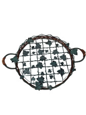 Large Round Green Leaf Metal Glass Wicker Serving Tray with Handles
