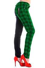 Green Tartan Check Black Split Legs Skinny Punk Stretch Trousers BANNED Apparel