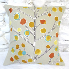 Cushion Cover, Scion Fabric, "Berry Tree", Stone, Orange, Yellow, Blue, Cotton.