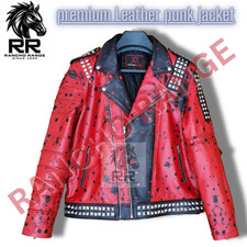Men's Punk Red Leather Jacket - Studded Gothic Motorcycle Biker Coat