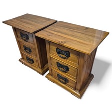Pair of Solid Sheesham Wood Bedside Cabinets – 3 Drawer Rustic Nightstands 64cm