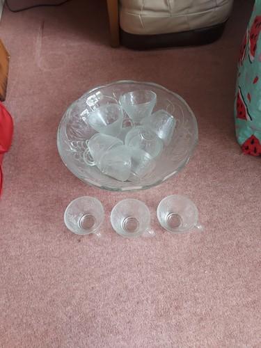 Glass punch bowl and cups - bowl, set
