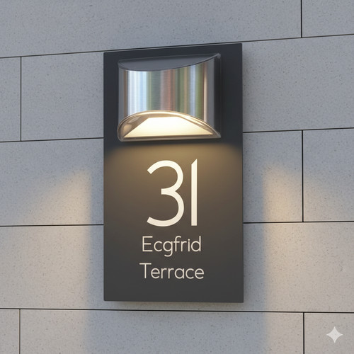 House number sign with solar - with,