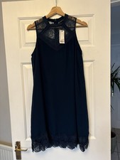 Warehouse Size 12 Navy Silky Evening Dress, Lace Detail, Party Special Occasion