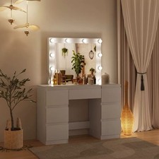 UK Dressing Table Led Lights Large Mirror 7 Drawers White Makeup Desk Bedroom