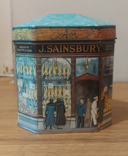 J SAINSBURY 1920s SHOP FRONT & IN SHOP SCENE OCTOGAN SHAPED TIN - IAN LOGAN 1983