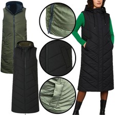 Womens Ladies Long Reversible Padded Gilet Hooded Puffer Bodywarmer Sleeveless