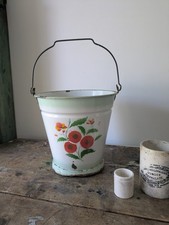 Antique White Enamel Floral Hungarian Bucket Prop Vintage Pail Garden Laundry Vg