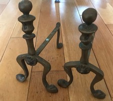 Antique Victorian Brass Iron Andirons Fire Dogs Grate Inglenook Fireplace Cage20