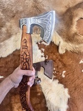 Norse & Viking Hand Carved  High Carbon Steel Axe For Wood Chop Or Display