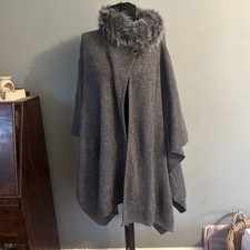 M&S Grey Poncho Cape Coat One Size with Faux Fur Collar  