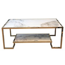 2 Tier Sintered Stone Coffee Table with Gold Finish Frame Living Room Furniture