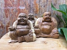 Hand Carved 10cm Wooden Laughing Buddha Sculpture, Statue, Ornament. Buddhas