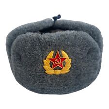 Soviet-Style Ukrainian Trapper Winter Ushanka Hat Grey Faux Fur Military Badge