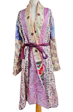 Indian Vintage Sari Patchwork Kantha Robe Long Kimono Dressing Gown Beach Cover