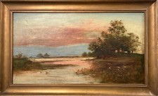 Victorian Oil Painting, Norwich School River Landscape, Late 19th Century.