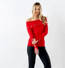 MARBLE .. RED OFF THE SHOULDER JUMPER WITH SILVER RING STUDS SZ 1 - UK 12