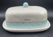 Rae Dunn Artisan Collection Light Blue Polka Dots SMEAR. Butter Dish with Lid
