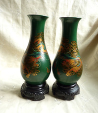 Vintage Mirror Pair Foochow Lacquer Vases Lucky Green Dragon Pearl 福州 Fuzhou   