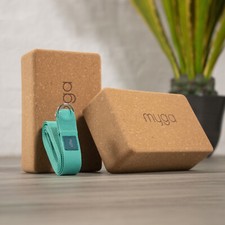 Myga Cork Yoga Blocks & Strap Set - 2 Natural Cork Bricks and Metal D Ring Belt