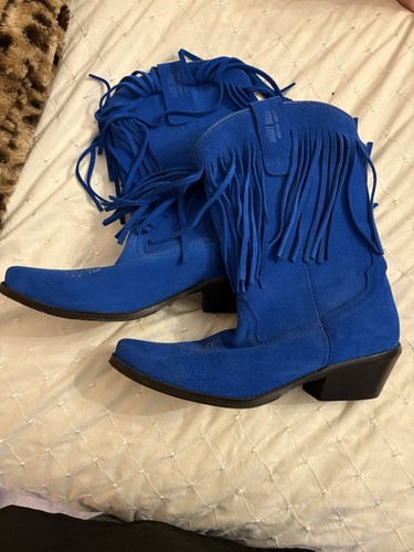 Blue suede fringe cowboy boots - blue,