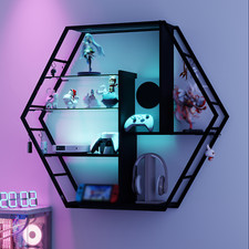 Wall Mounted Shelf Hexagon Storage RGB Display Cabinet with Remote Control Black